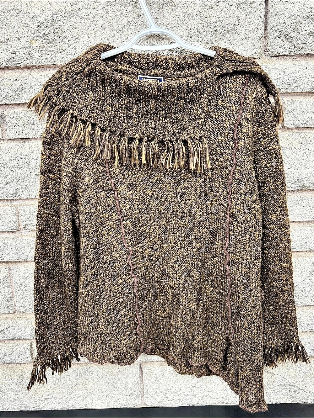 Magnifica 2X Brown Marled Chunky Knit Fringe Sweater Boho Western Pullover